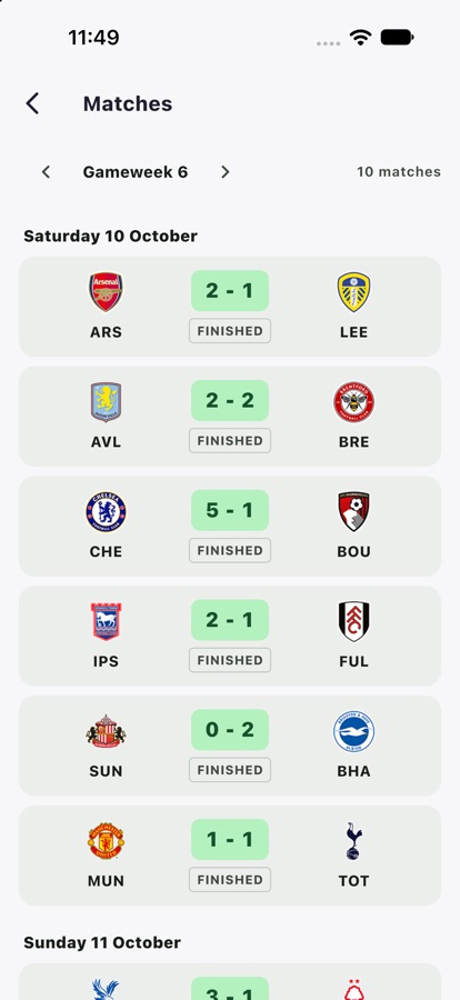 Finished matches with scores