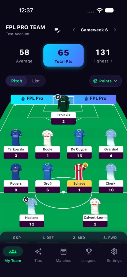 Squad shown on a football pitch with points per player